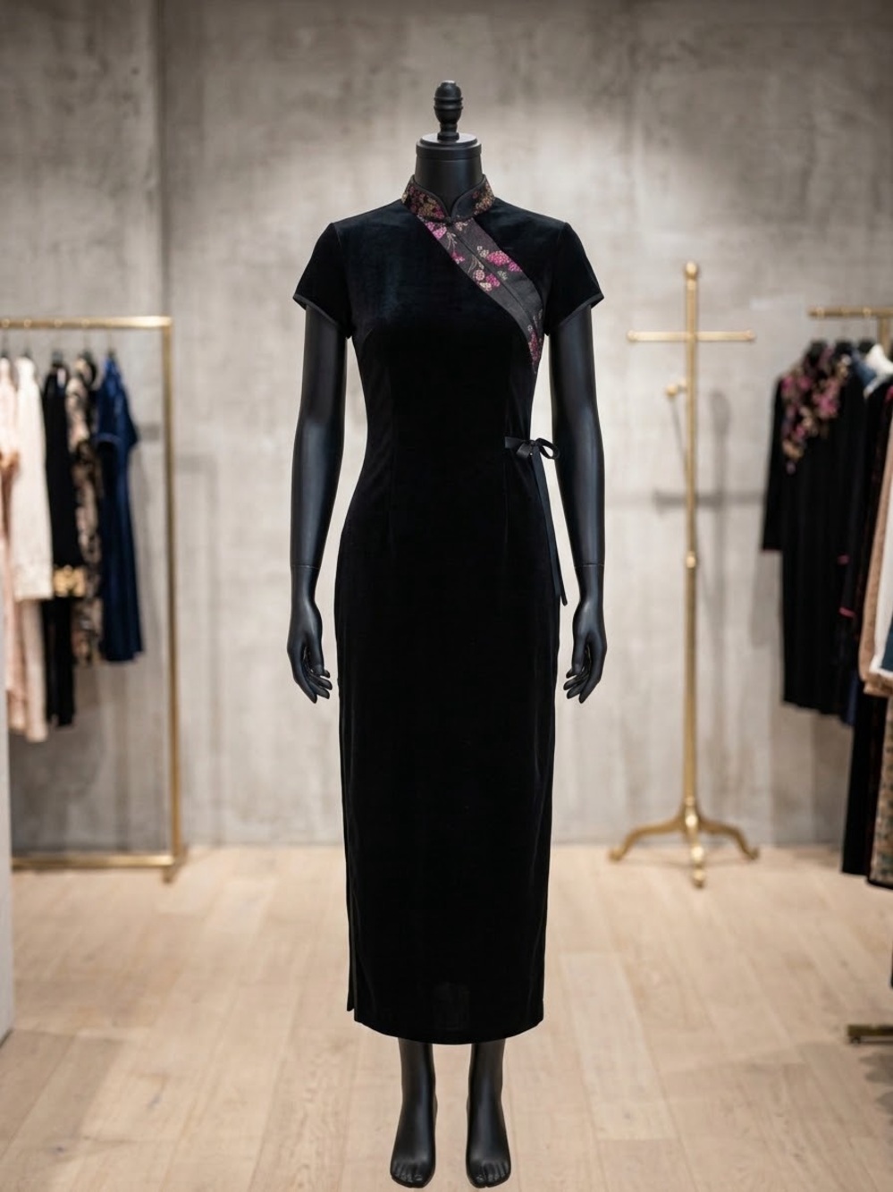 Robbie Bee black velvet cheongsam / qipao-inspired dress